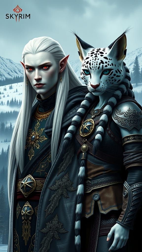 a majestic Thalmor albino male high elf standing regally bes...