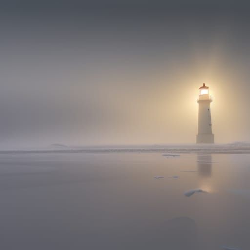 Foggy Winter Beach Scene with Lighthouse