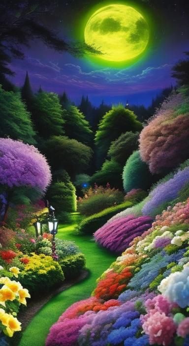 Colorful Moonlight Flowers in a Night Garden