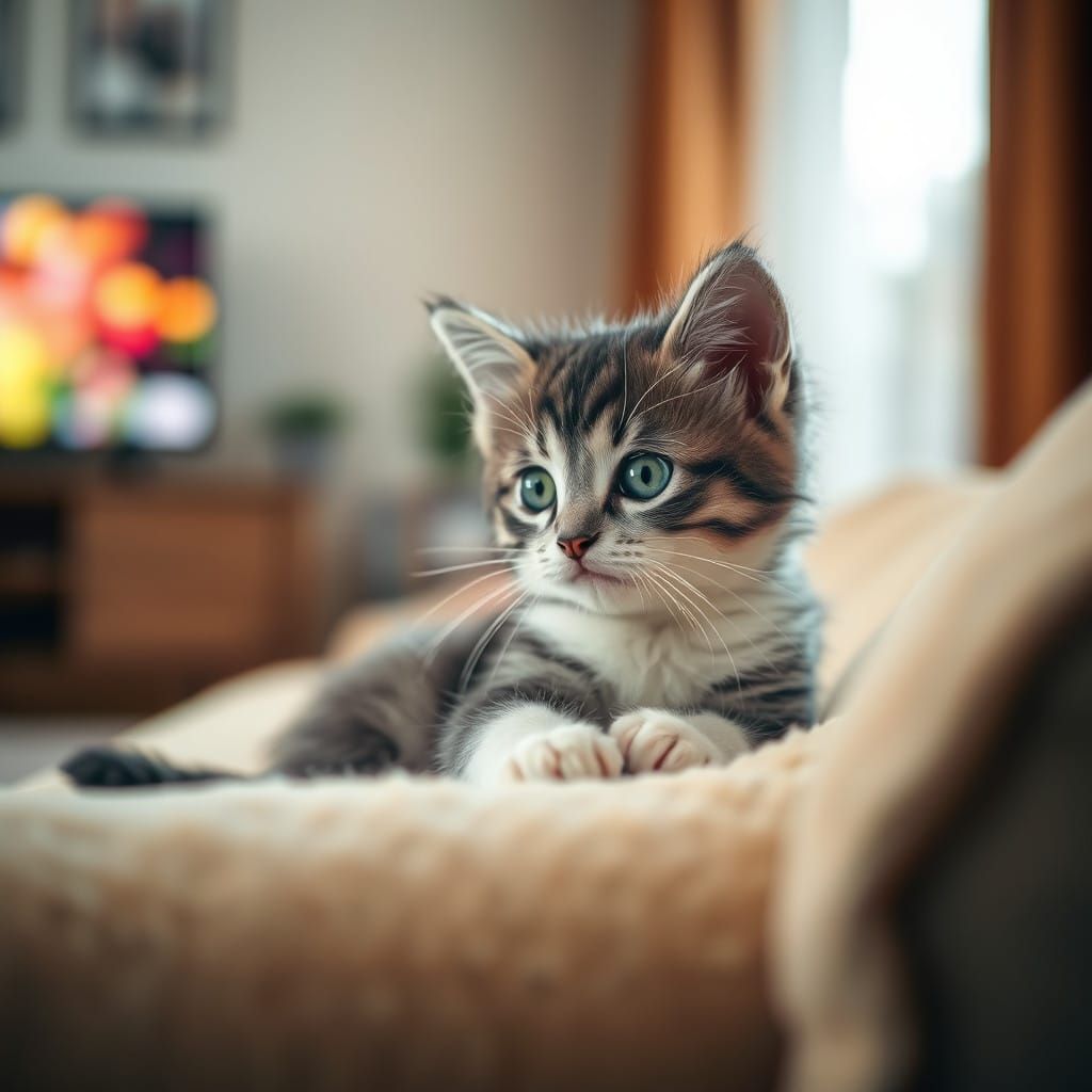 Grey Kitten Watches TV in Cozy Home Setting