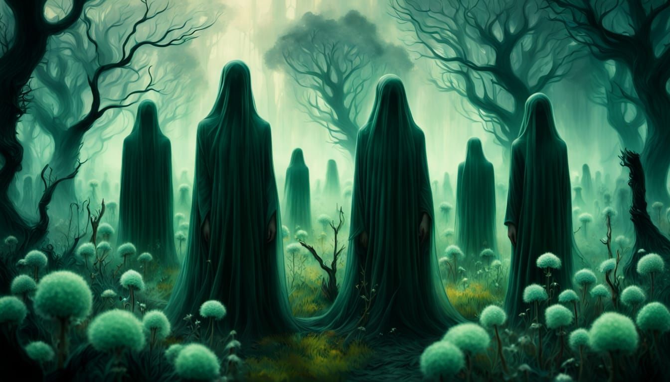 Ethereal Figures Amidst a Ghastly Green Landscape in Gothic ...