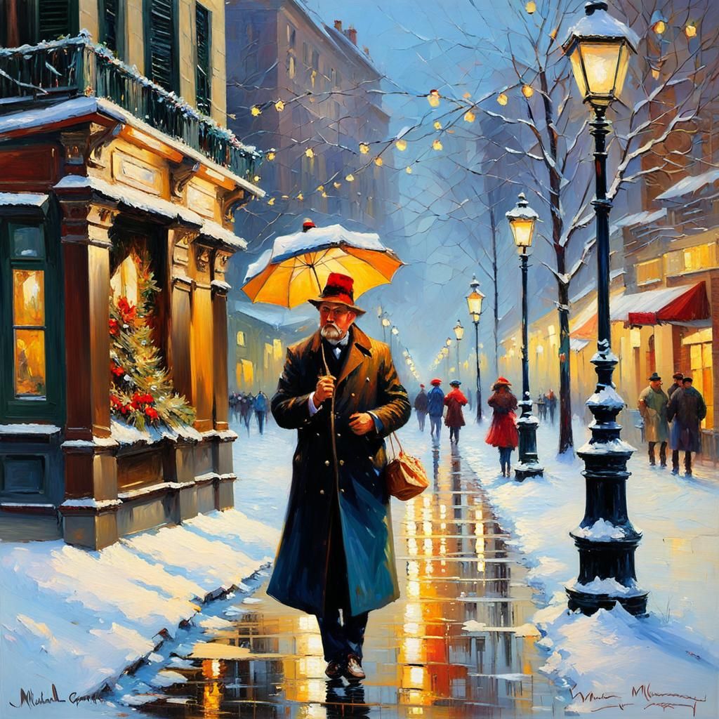 Impressionist Christmas Eve Painting with Snow