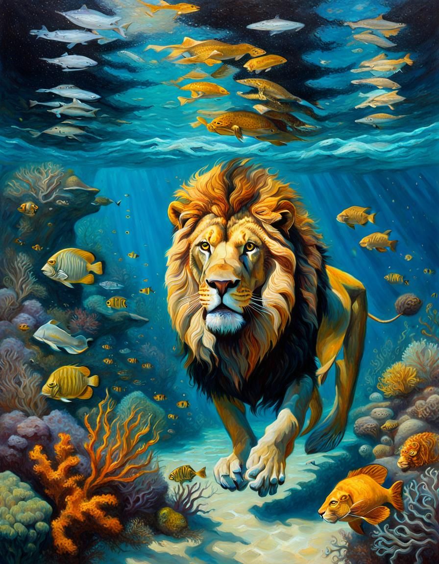 Lion's Underwater Adventure: An Oil Painting