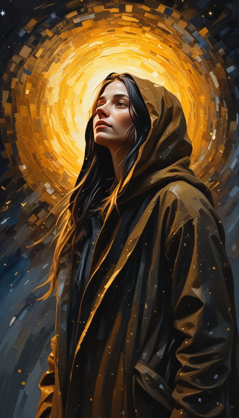 Radiant Woman in Starry Night: Impasto Masterpiece