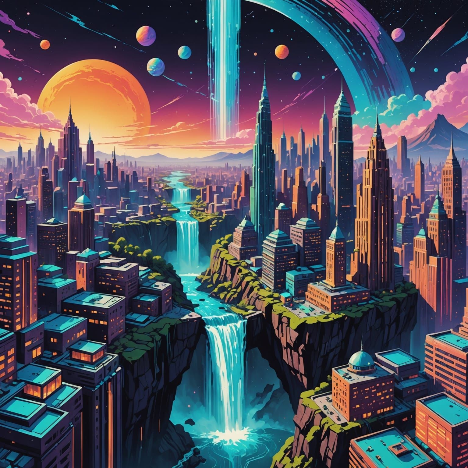 Ethereal Cityscape Floating in Space: Hand-Drawn Illustratio...