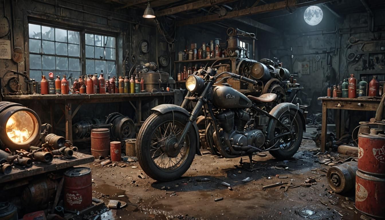 Grimdark 1940s Ruined Workshop with Motorcycle