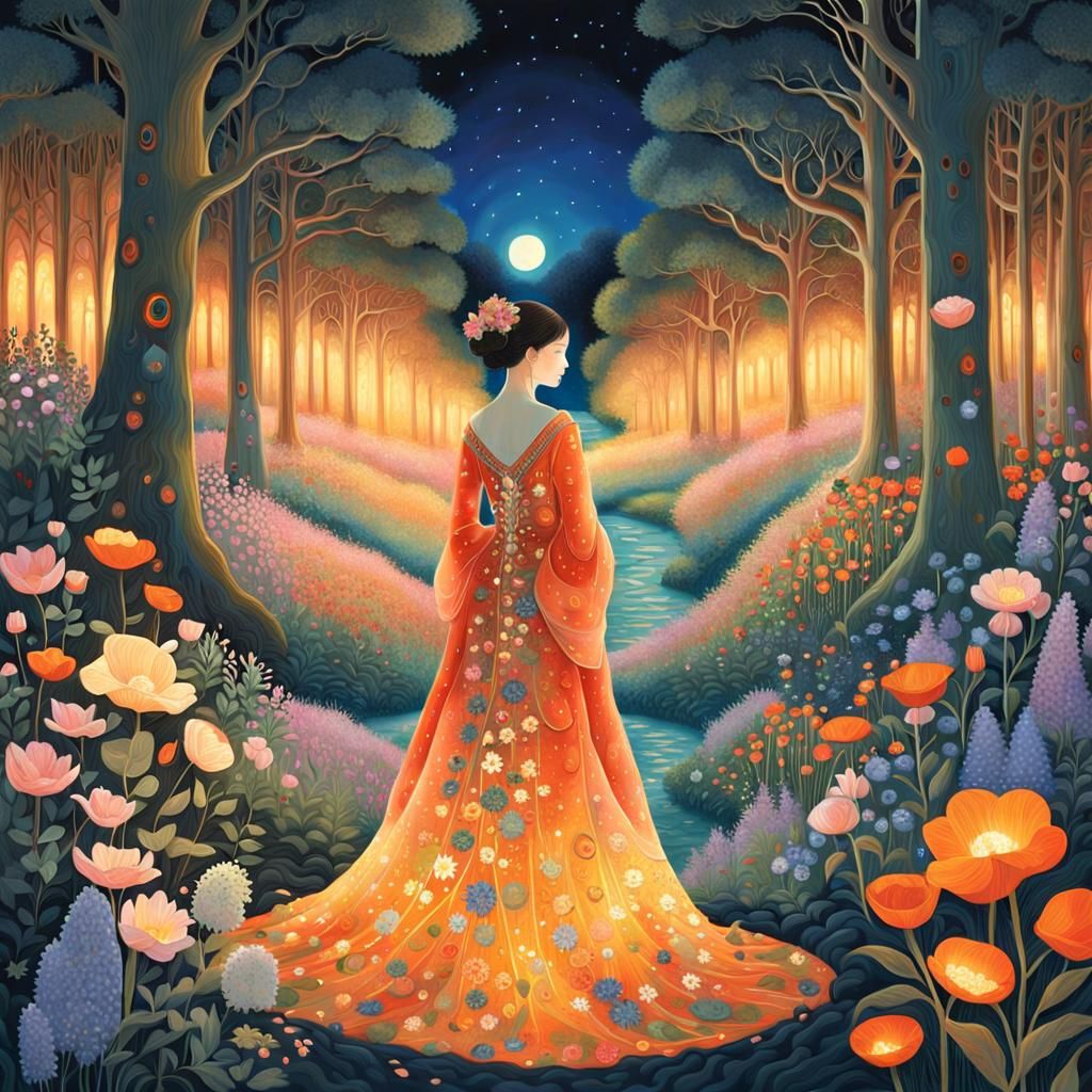 Sunset Woman in Enchanted Forest, Klimt Style