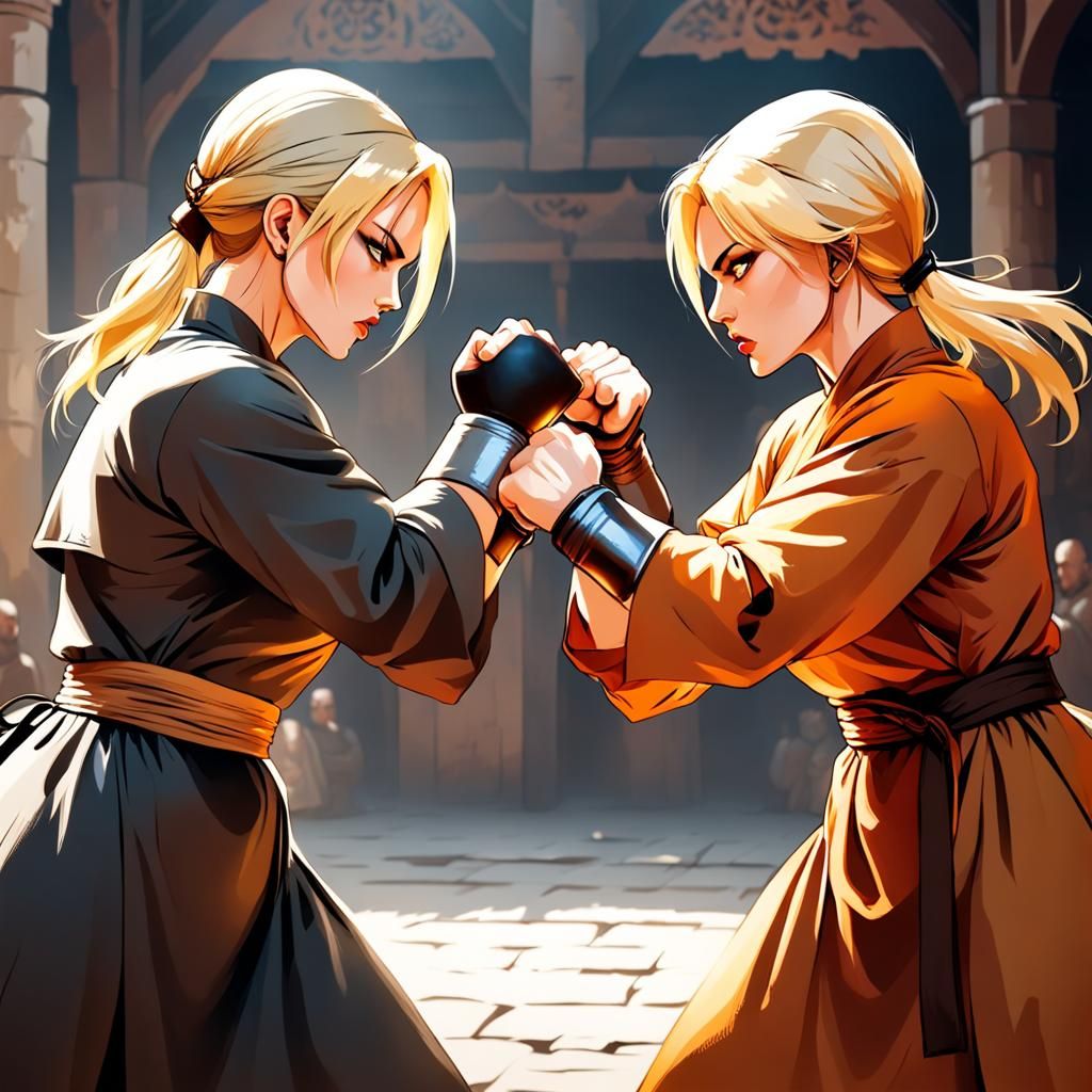Medieval Face-Off: Blonde Fighters in Staredown