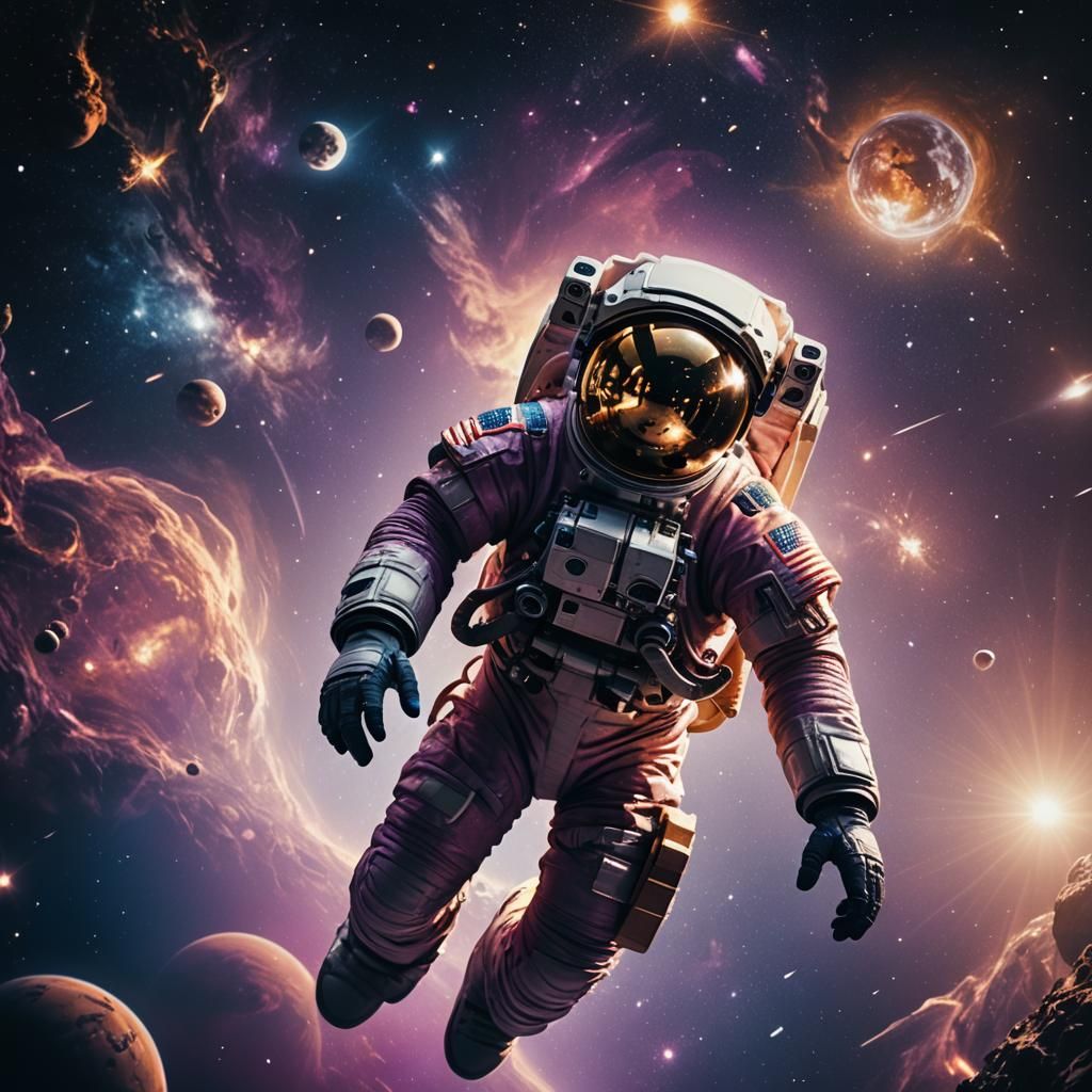 Astronaut Floats in Moody Outer Space Scene
