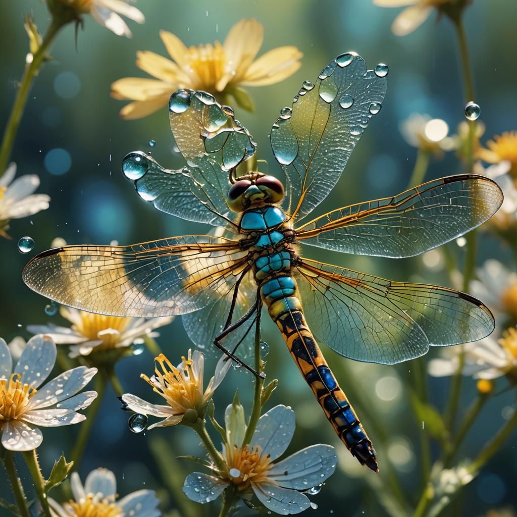 Hyperrealistic Dragonfly on Flower in Digital Art