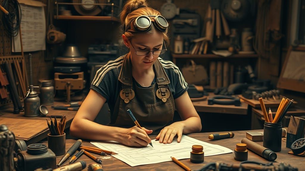 Inventor in Warm, Golden Light, Surrounded by Tools and Blue...