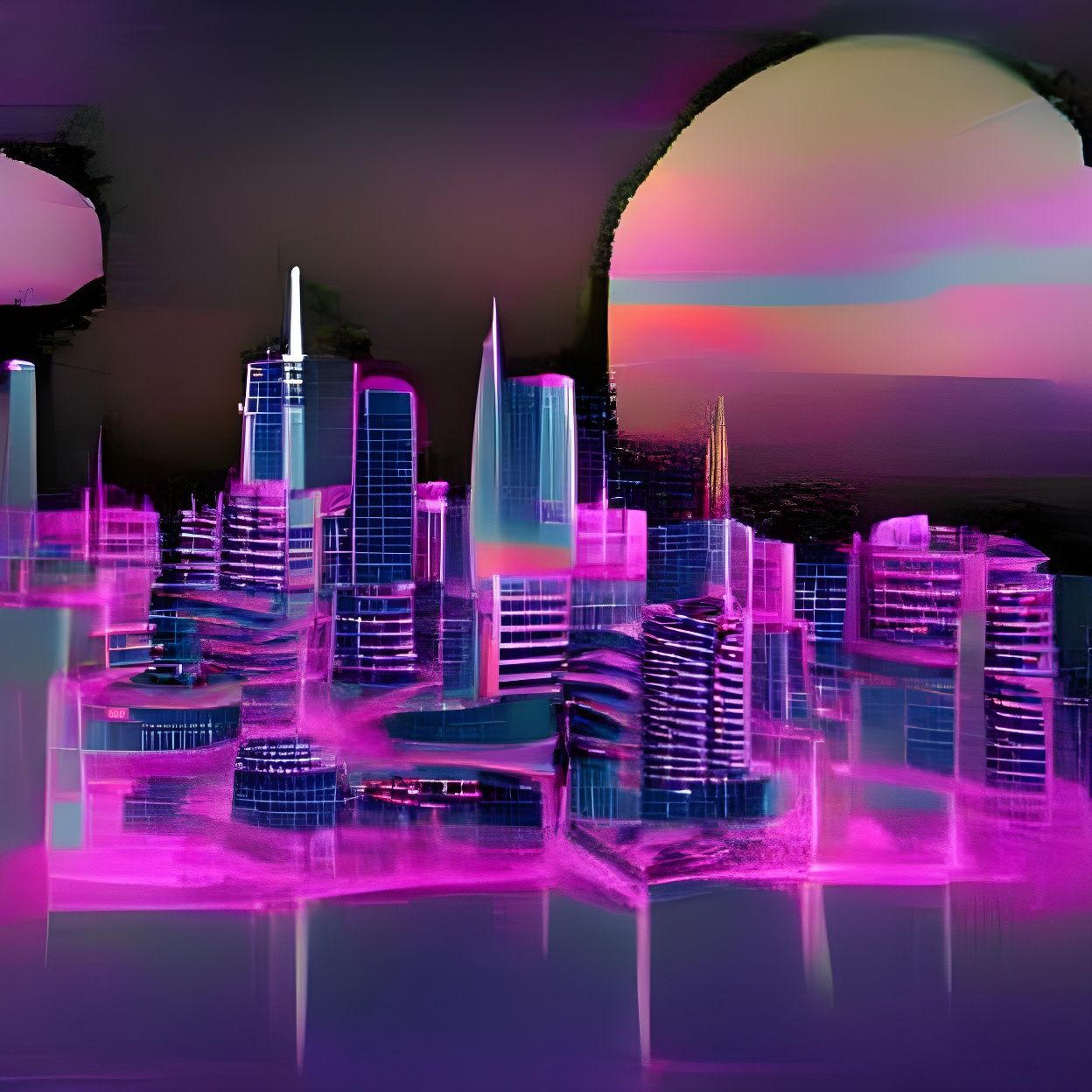 Vaporwave Cityscape with Neon Lights