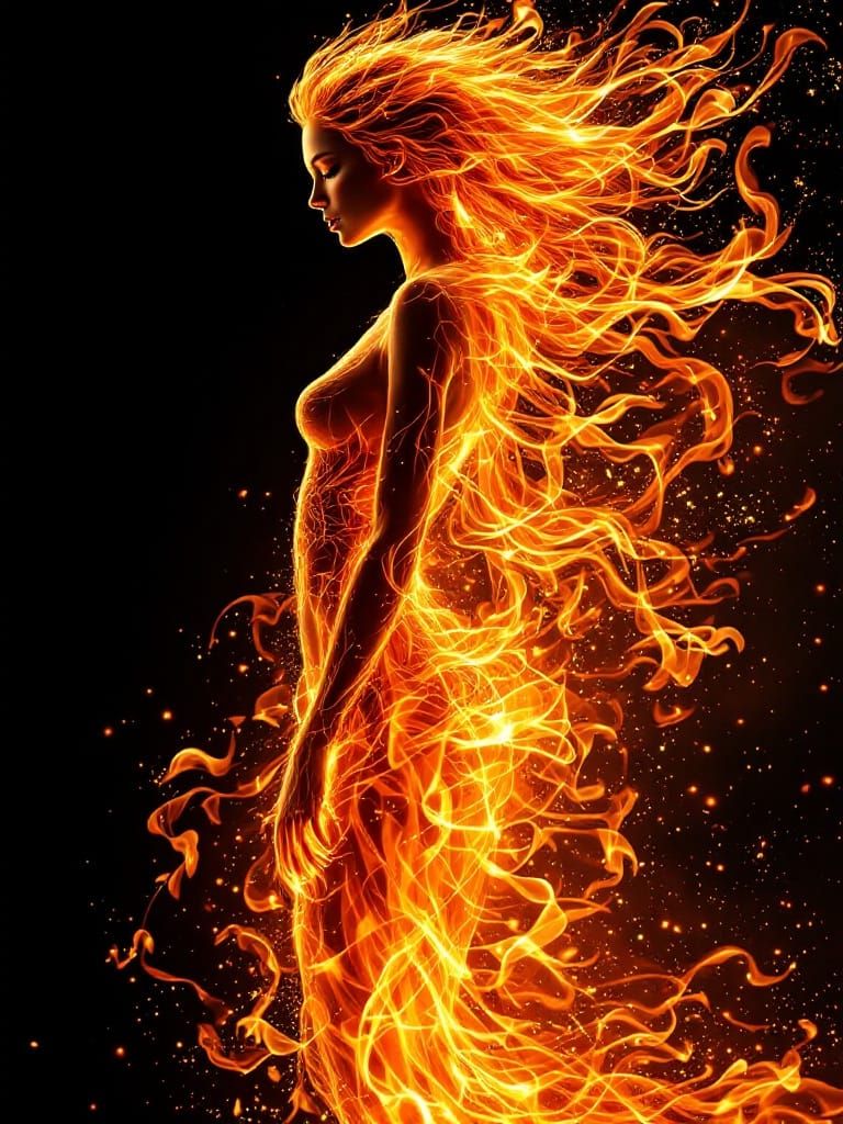 Ethereal Fire Woman Dancing in Flames