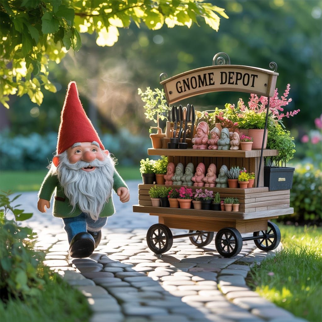 Cheerful Gnome Strolling to Whimsical Grocery Store