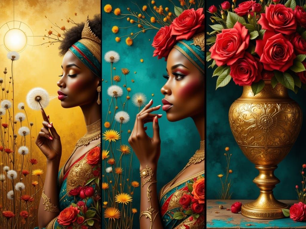 African Woman, Floral Vase, and Portrait Triptych