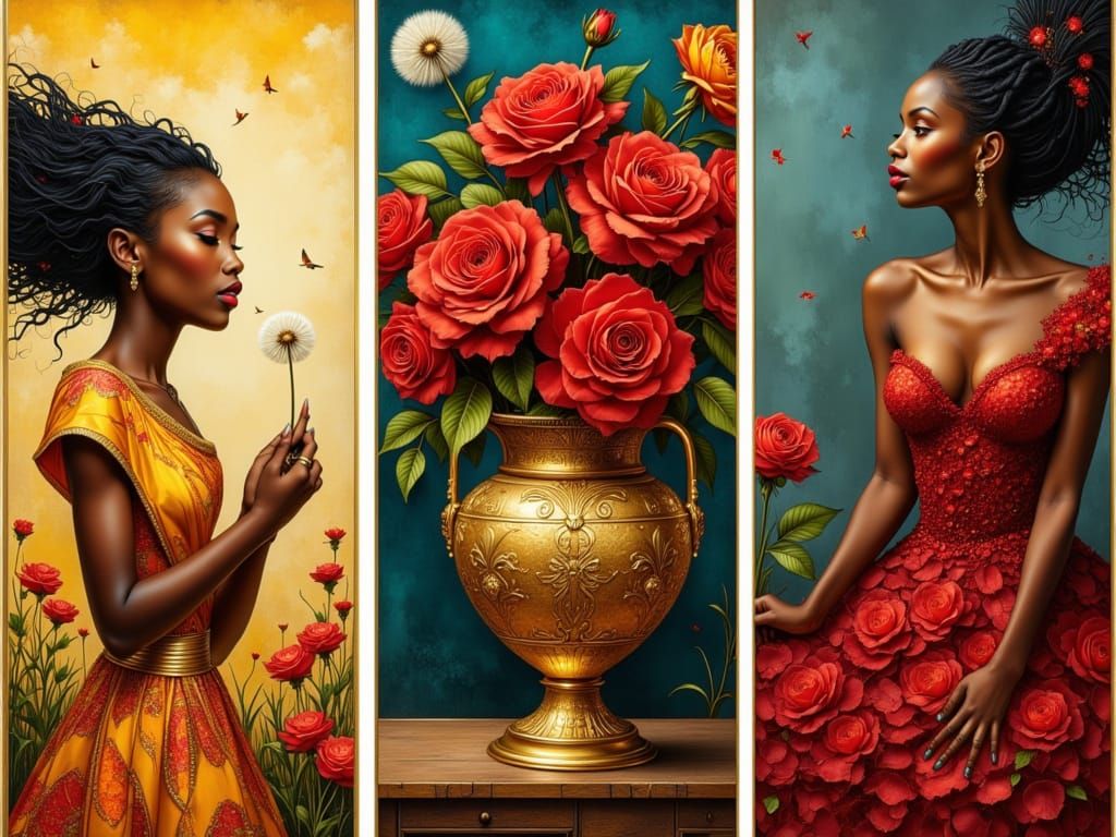 Triptych: African Woman, Still Life, and Rose Petal Portrait