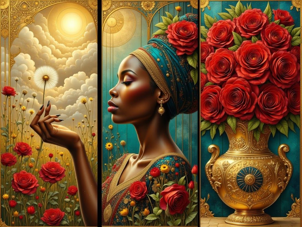 African Woman, Roses, and Porcelain Vase Triptych