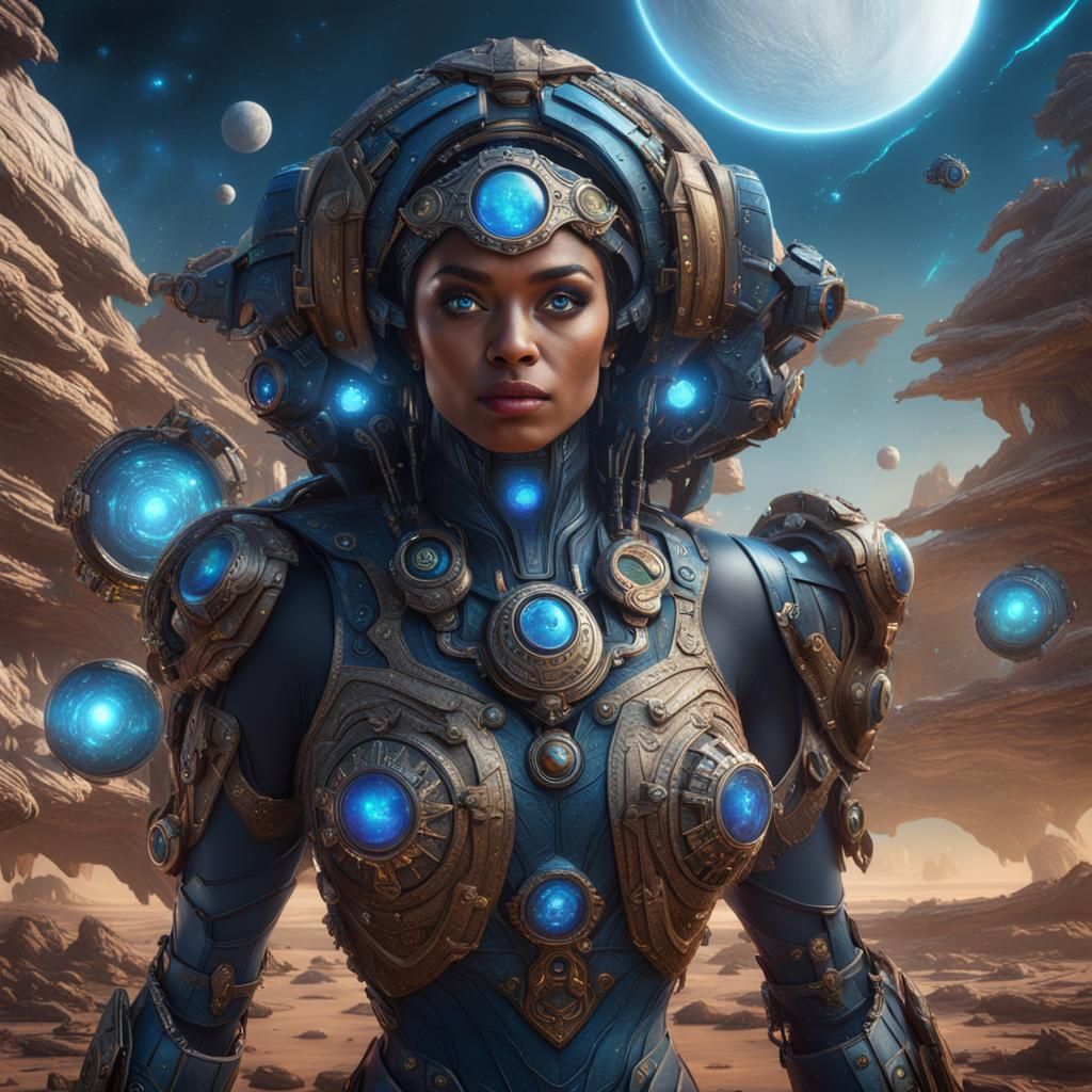 Latina Space Taxi Pilot in Detailed Fantasy Art