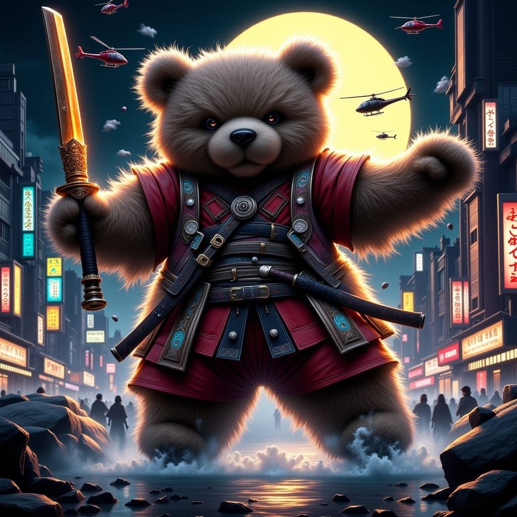 Giant Samurai Teddy Bear Rampages Neon Tokyo