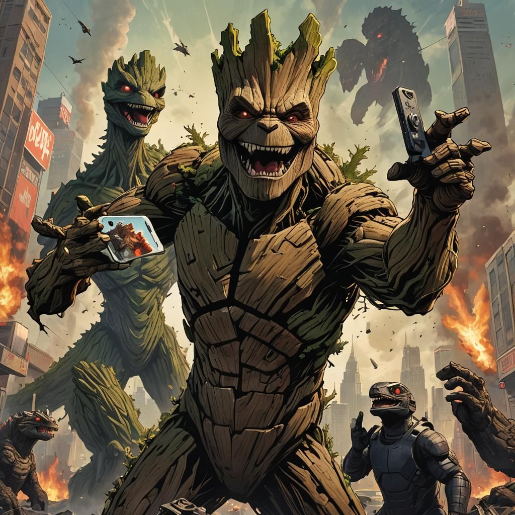 Groot and Godzilla Selfie in Sinister Style