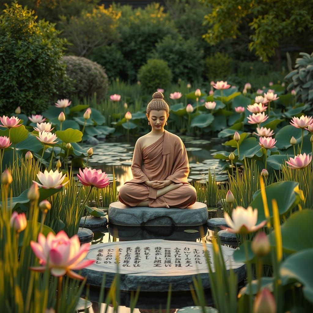 Buddhist Novice Prays by Lotus Stream in Zen Garden