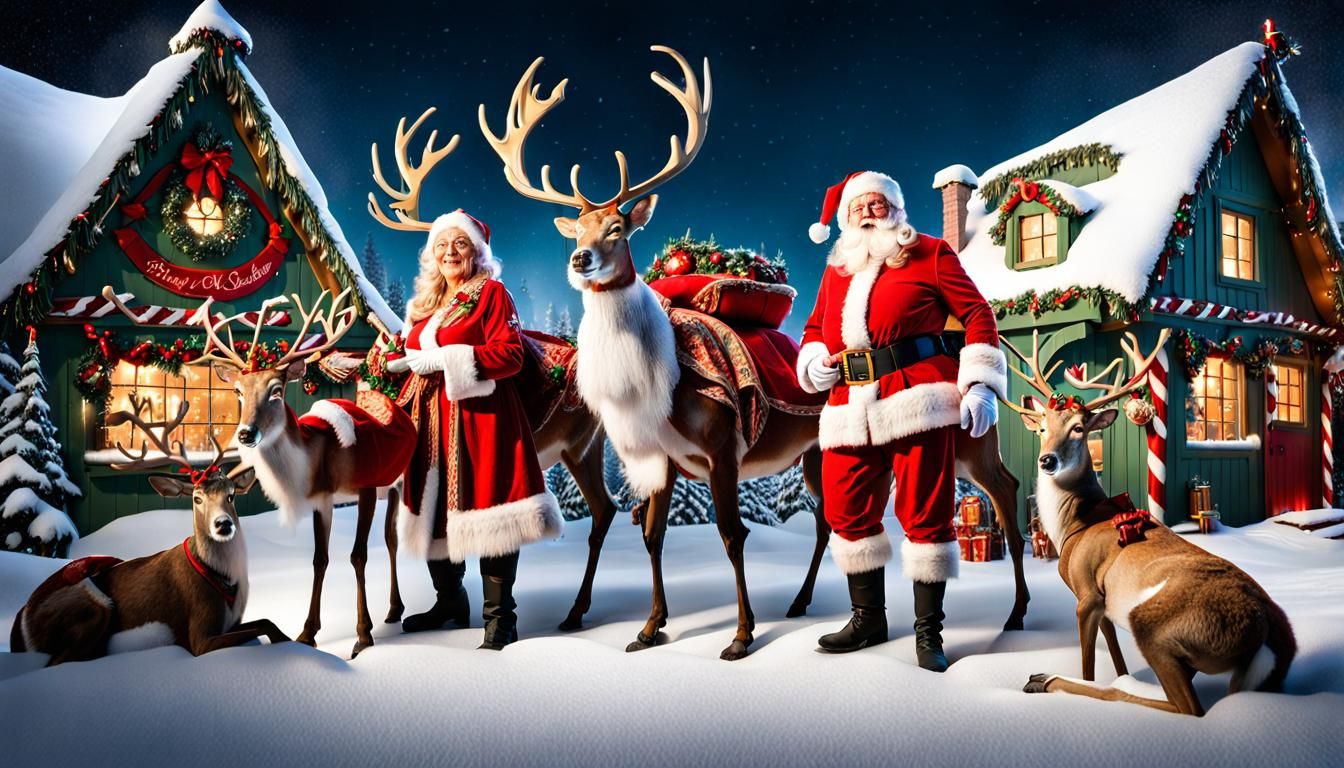 Santa's Workshop Portrait: Claus Family in Snowy Scene