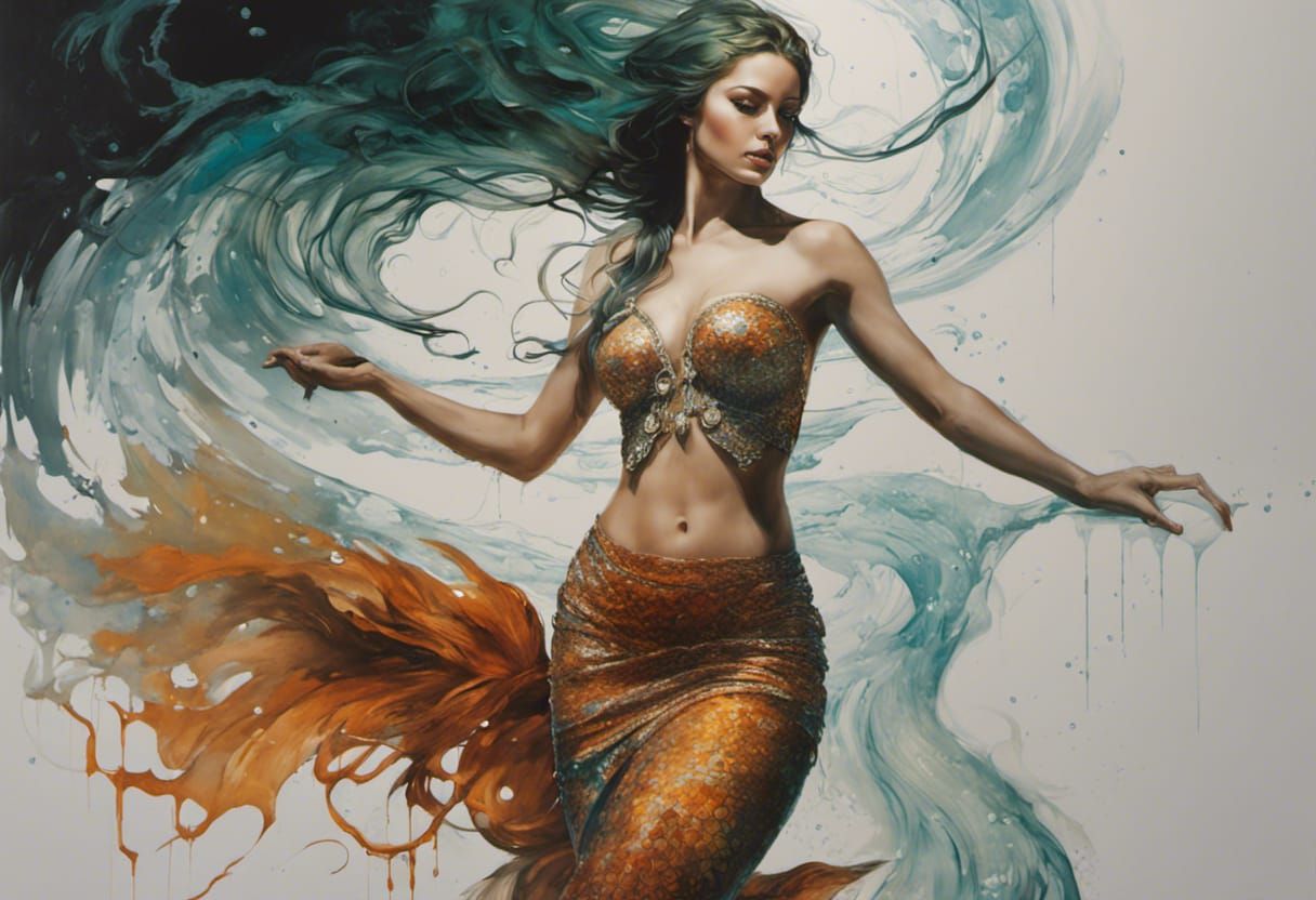 Beautiful Mermaid Swimming: Gouache and Watercolor Art