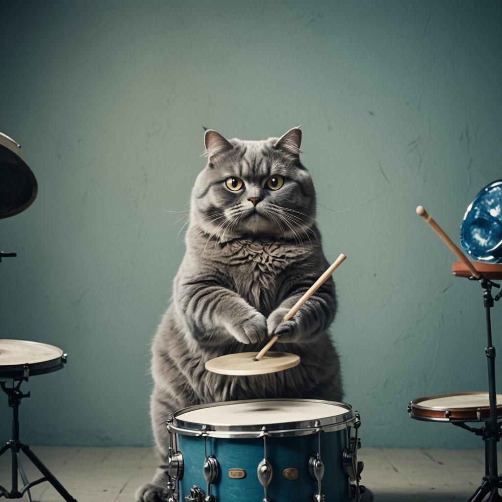 Gray-Blue Cat Plays Drums: Cinematic Film Still