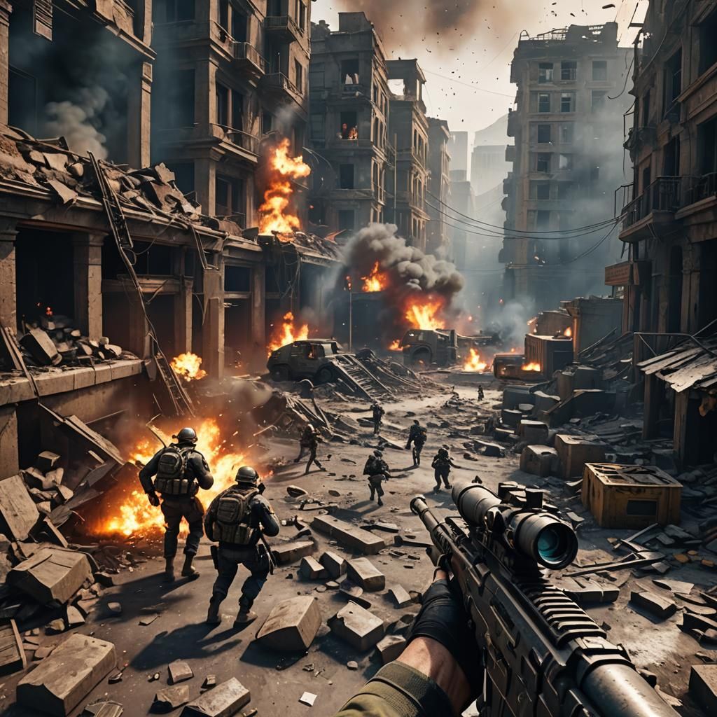 Intense Gunfight in Ruined City: 3D Videogame Art