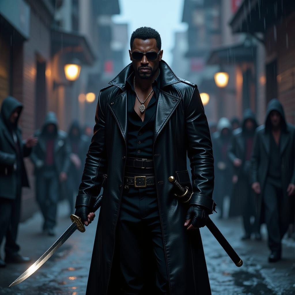 Blade Confronts Vampires in Rain-Soaked Alley