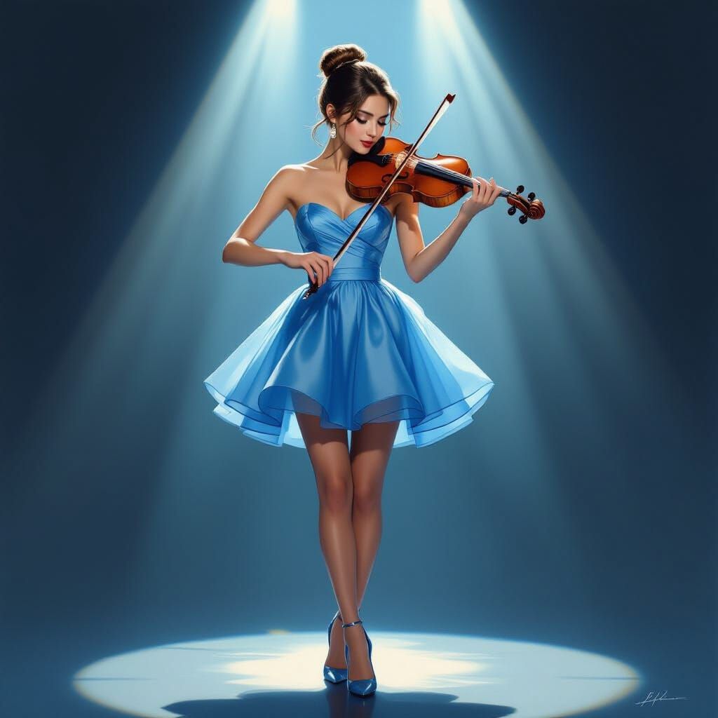 Realistic Woman Plays Violin in Spotlight