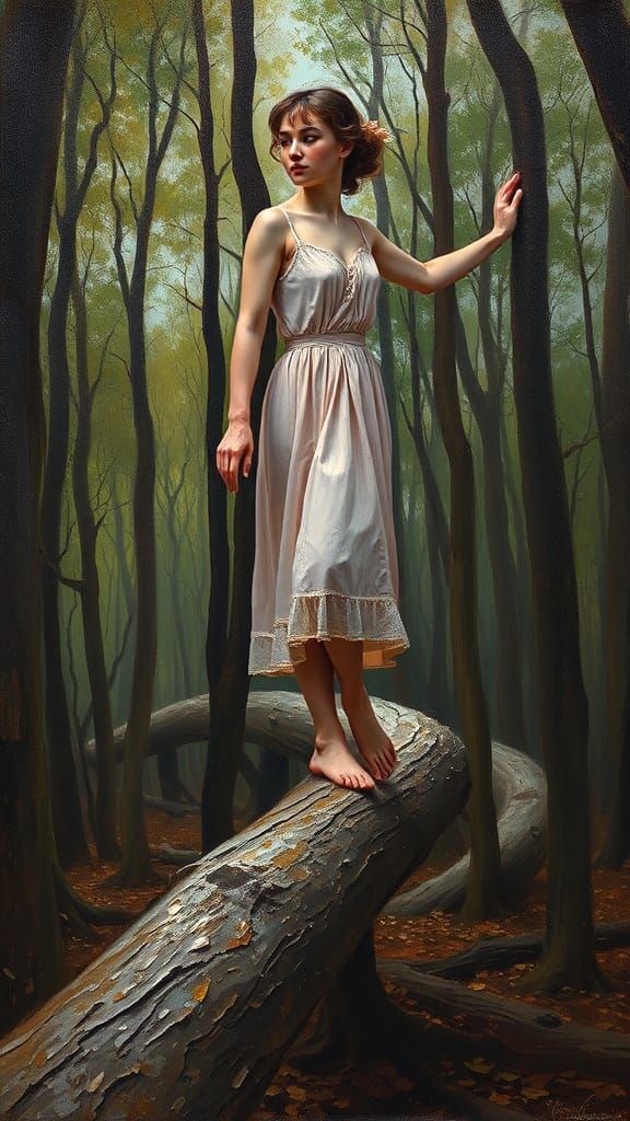 Young Woman Balancing on Log as Expressionist Oil Painting