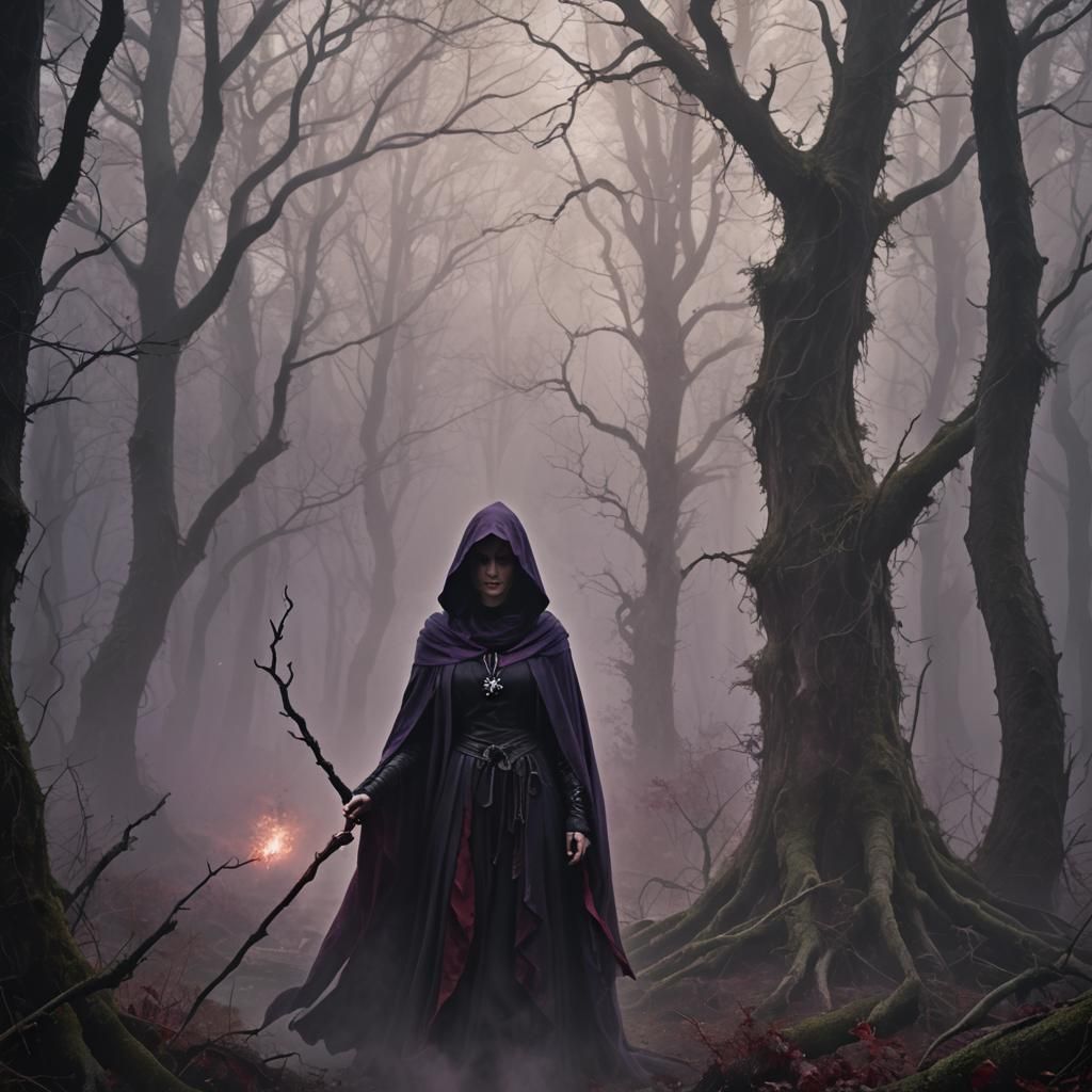 Mystical Sorceress in Mist-Shrouded Forest