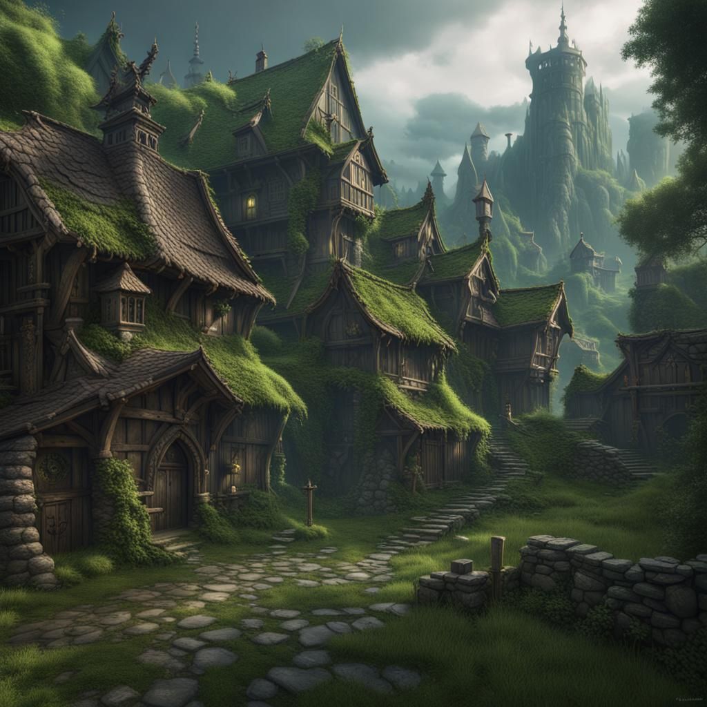 Dark Fantasy Green Village Matte Painting