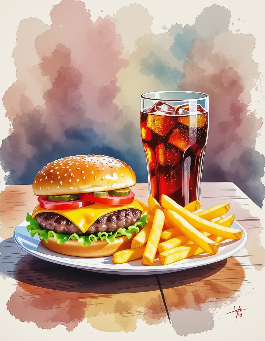Cheeseburger, Fries and Cola in Watercolor Splash Art