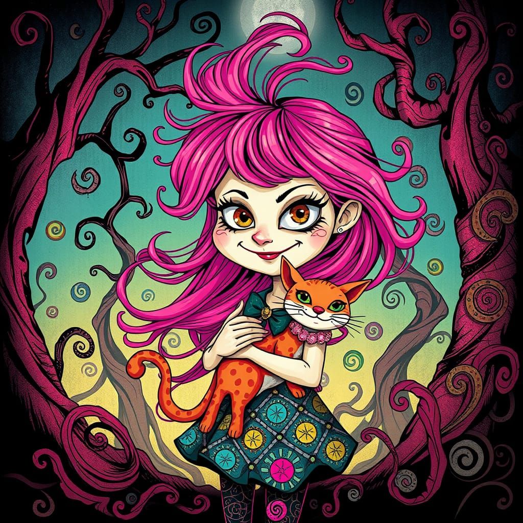 Whimsical Girl with Cat in Gothic Cartoon Style