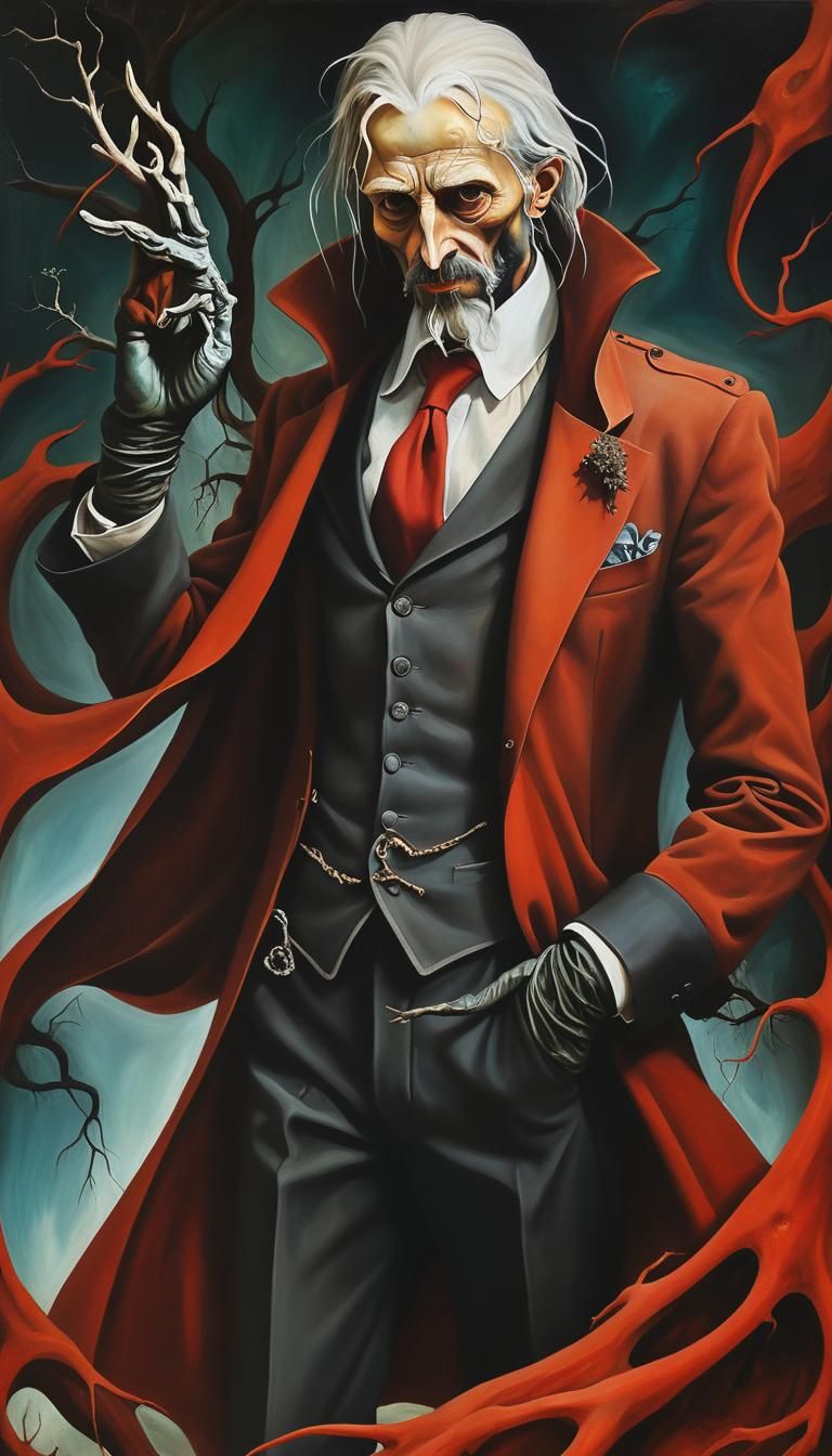 A surreal painting of a man with tree roots on his face