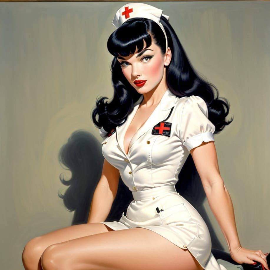 Retro Nurse Bettie Page Oil Painting