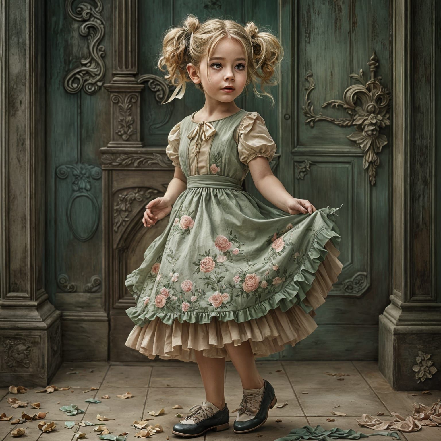 <lora:Cozy Pastel:1.0> She is four foot, three inches.Dressed to go to a 1950s sock hop dance. Dog tails with ribbons on...