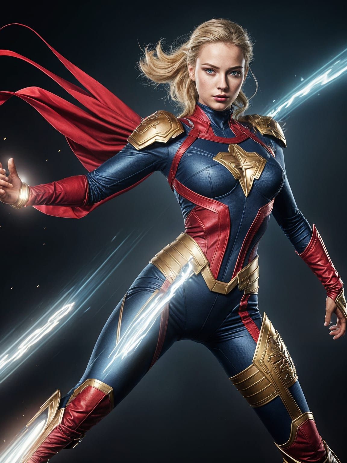 Female Superhero in Blue and Red Costume