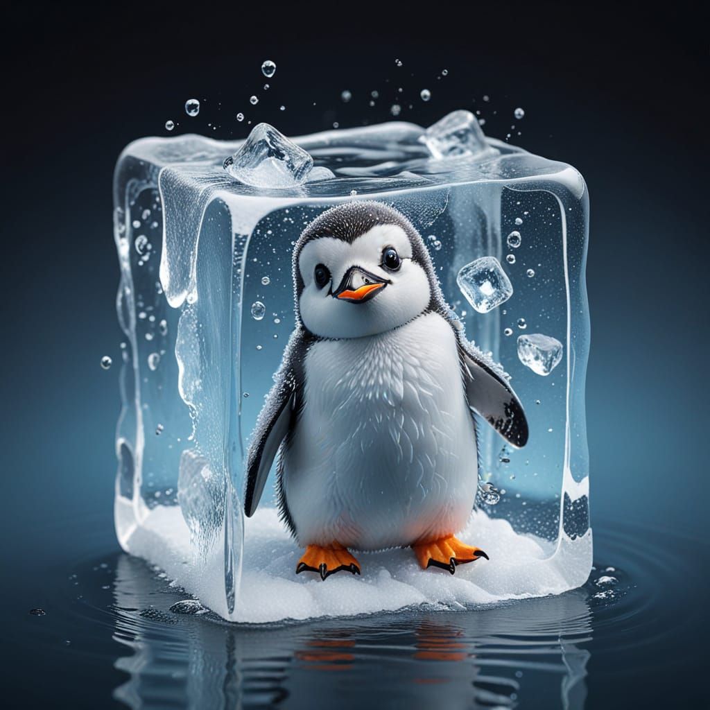 realistic ice cube with tiny cute penguin  frozen inside, melting, photo, floating in the water