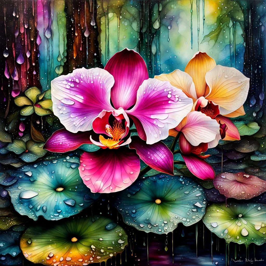 Orchid and Lotus Flowers in Rainforest, Impasto Painting