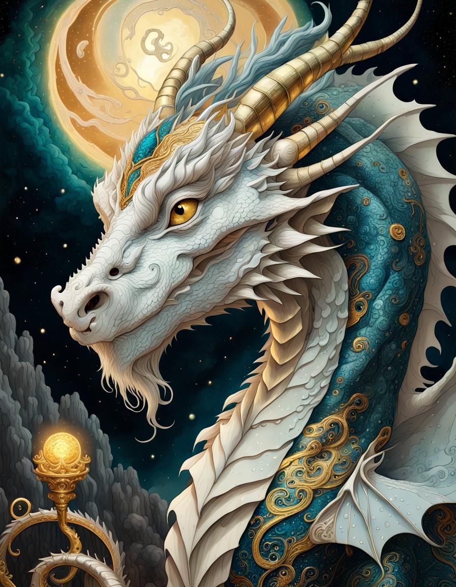 White Dragon Stargazing: Rococo Alcohol Ink Art