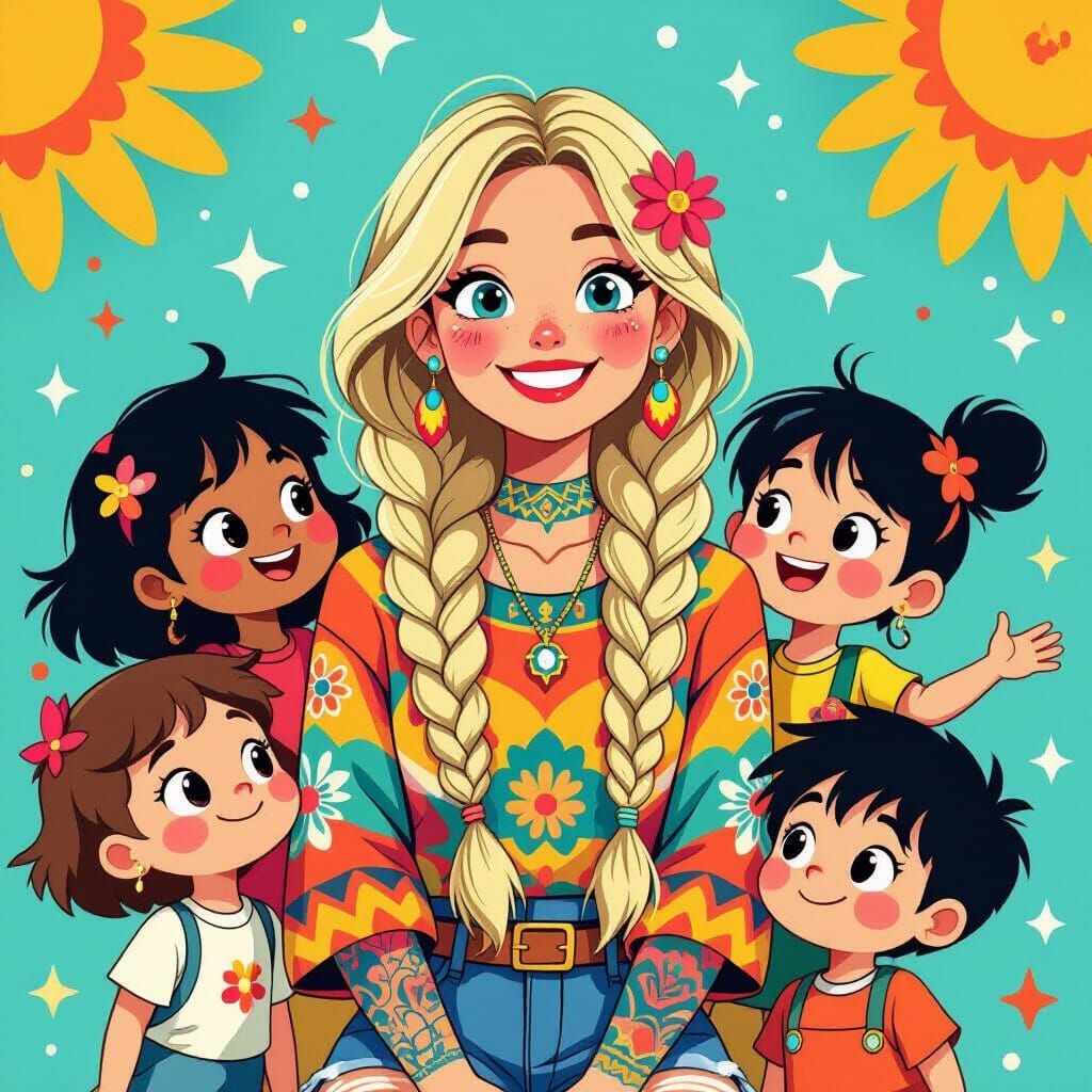 Cartoon Blonde Woman with Children in Ghibli Style