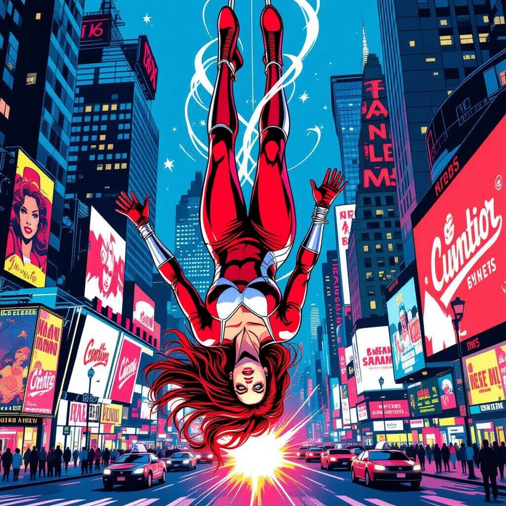 Scarlet Witch Upside Down in Times Square Comic Art