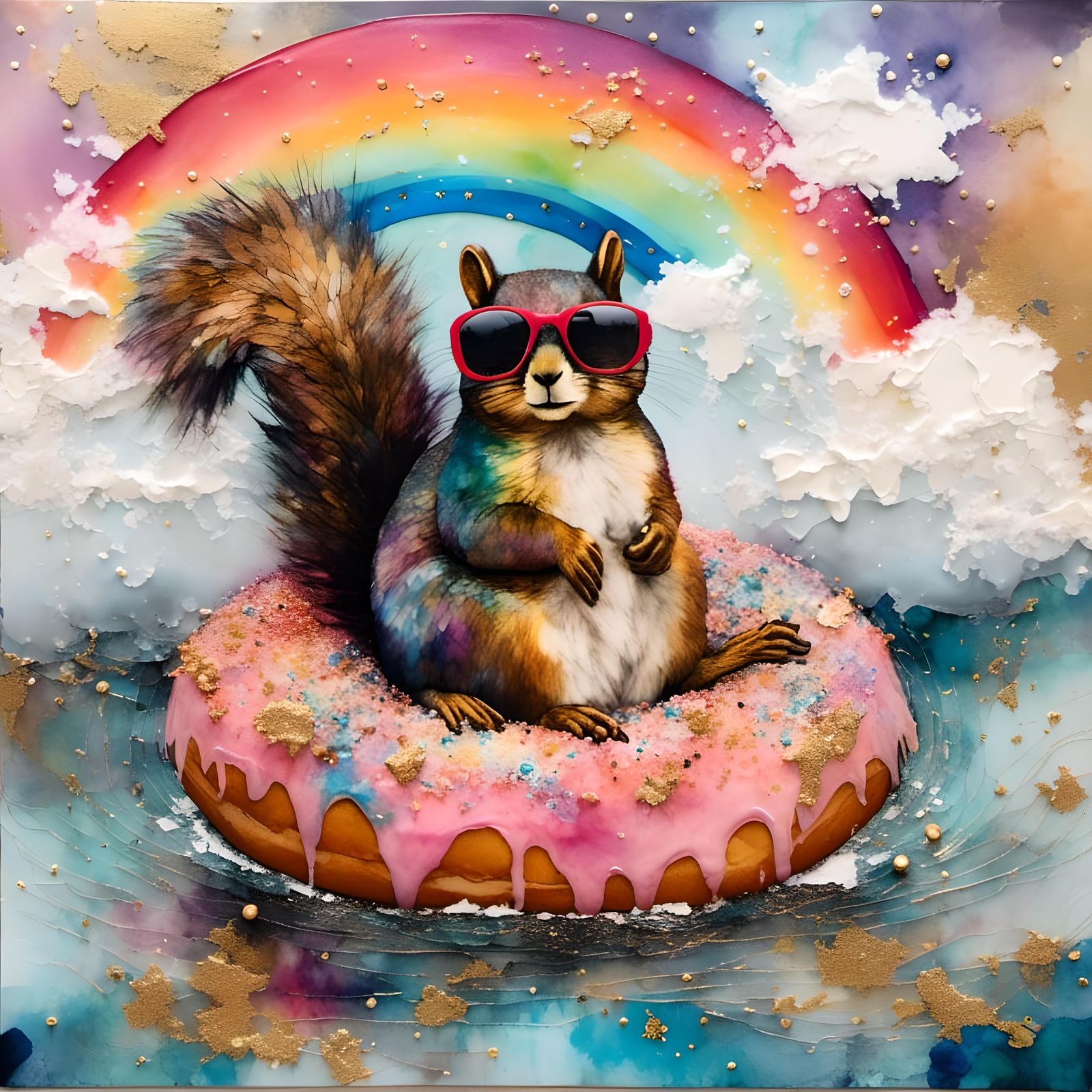 Squirrel on Donut Float: Whimsical Encaustic Collage