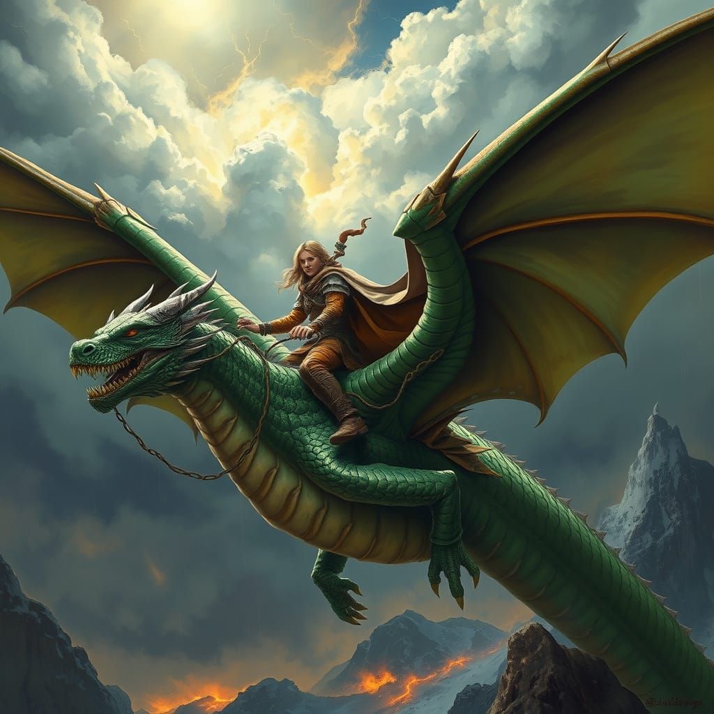 Epic Dragon Rider soars through a Stormy Sky