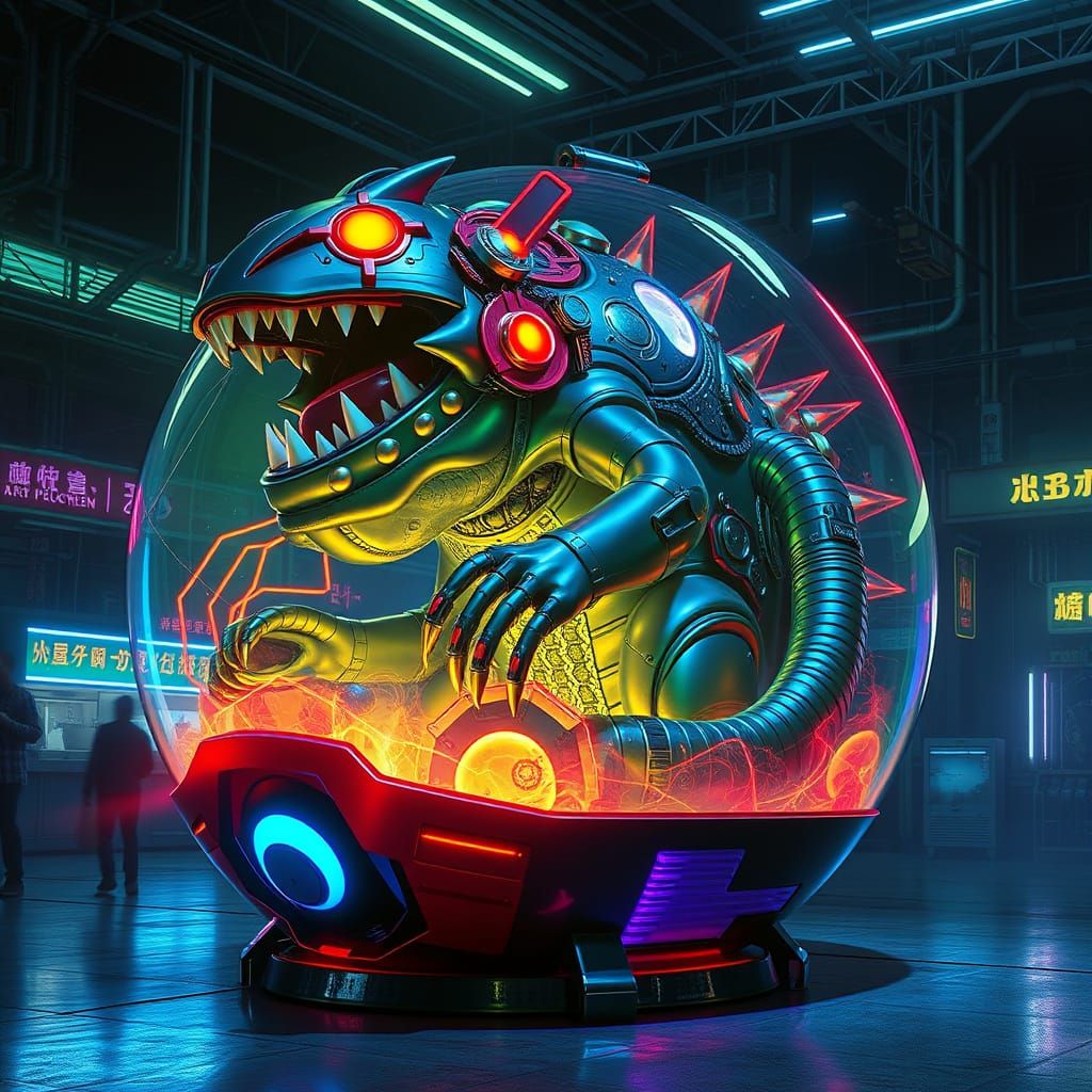 Cyberpunk Monster Encased in Futuristic Pokeball