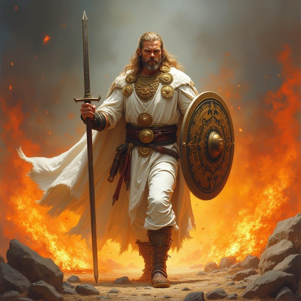 Viking Warrior Walks Through Flames in White Robes and Shiel...