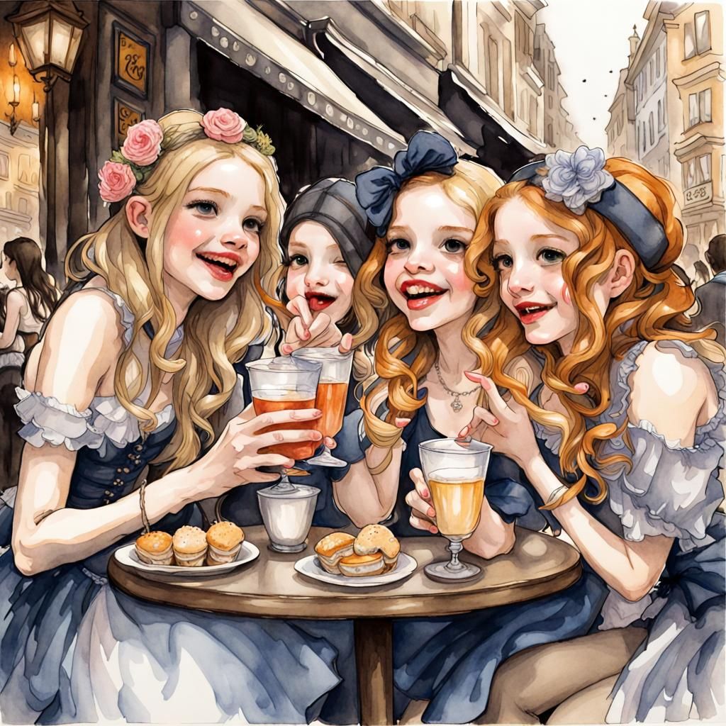 Sorority Pledges Celebrate in Cafe: Watercolour Illustration
